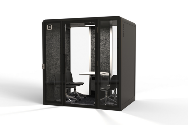 Angled transparent render of the DDA large Bureau Booth, displaying user-friendly power switches and movable castor chairs for adaptable seating.