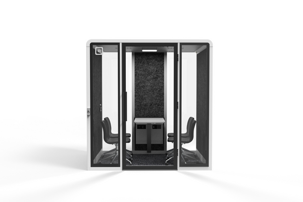 Transparent render of the DDA large Bureau Booth showing the interior layout, including automatic sensor doors and fold-down table for enhanced accessibility.