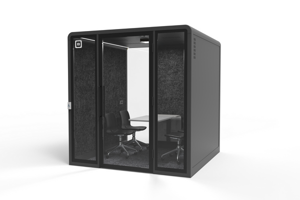 Rendered image of the Extra Large DDA Bureau Booth furnished with a configurable table and seating, demonstrating flexible setup options for various needs.