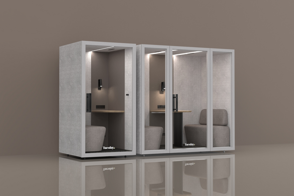 Our Tuesday and Tuesday+ booth side by side, showcasing how well they fit together as an acoustic office solution.